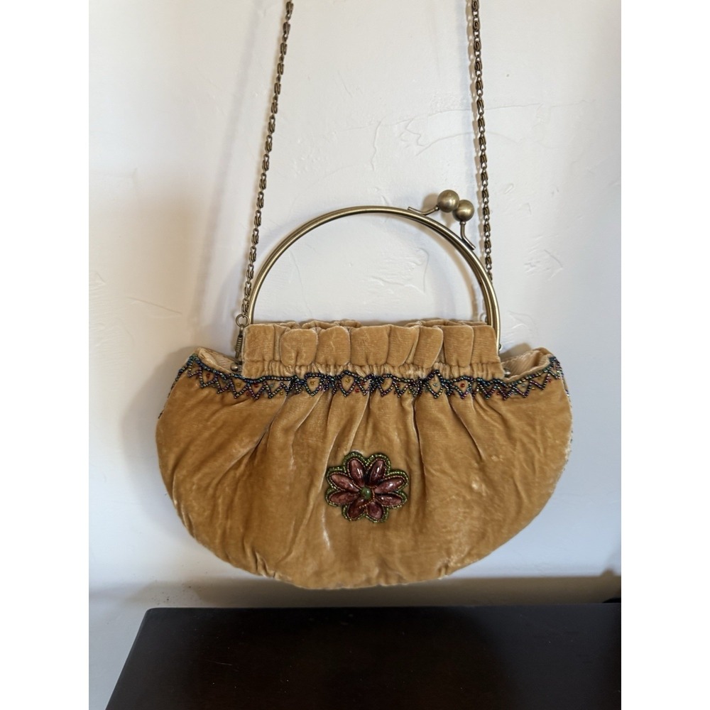Vintage velvet velour mustard colored Purse Embroidered Beaded KISS Lock Bag